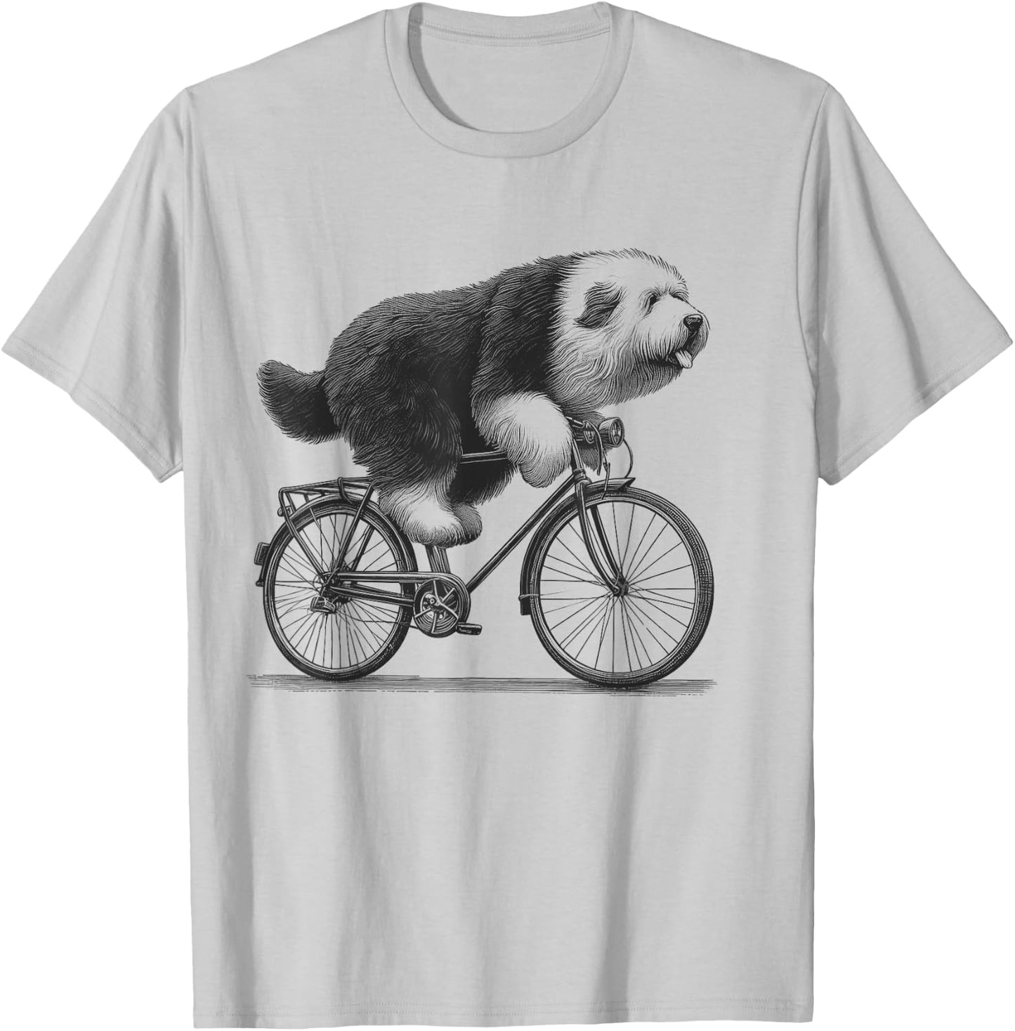 Old English Sheepdog Dog Riding a Bike Bicycle Biker Cycling T-Shirt - T-Shirt | Ash