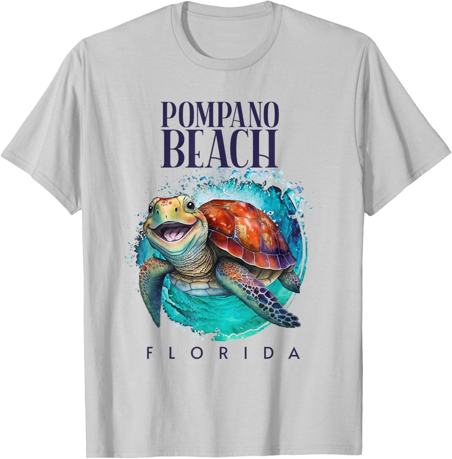 Pompano Beach Florida Watercolor Happy Sea Turtle T-Shirt - T-Shirt | Ash