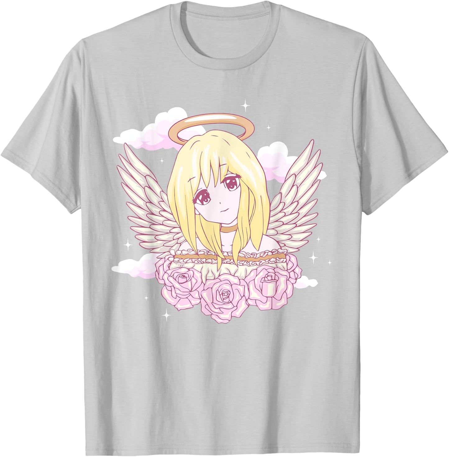 Angelcore Aesthetic Anime Girl Roses Angel Halo T-Shirt - T-Shirt | Ash