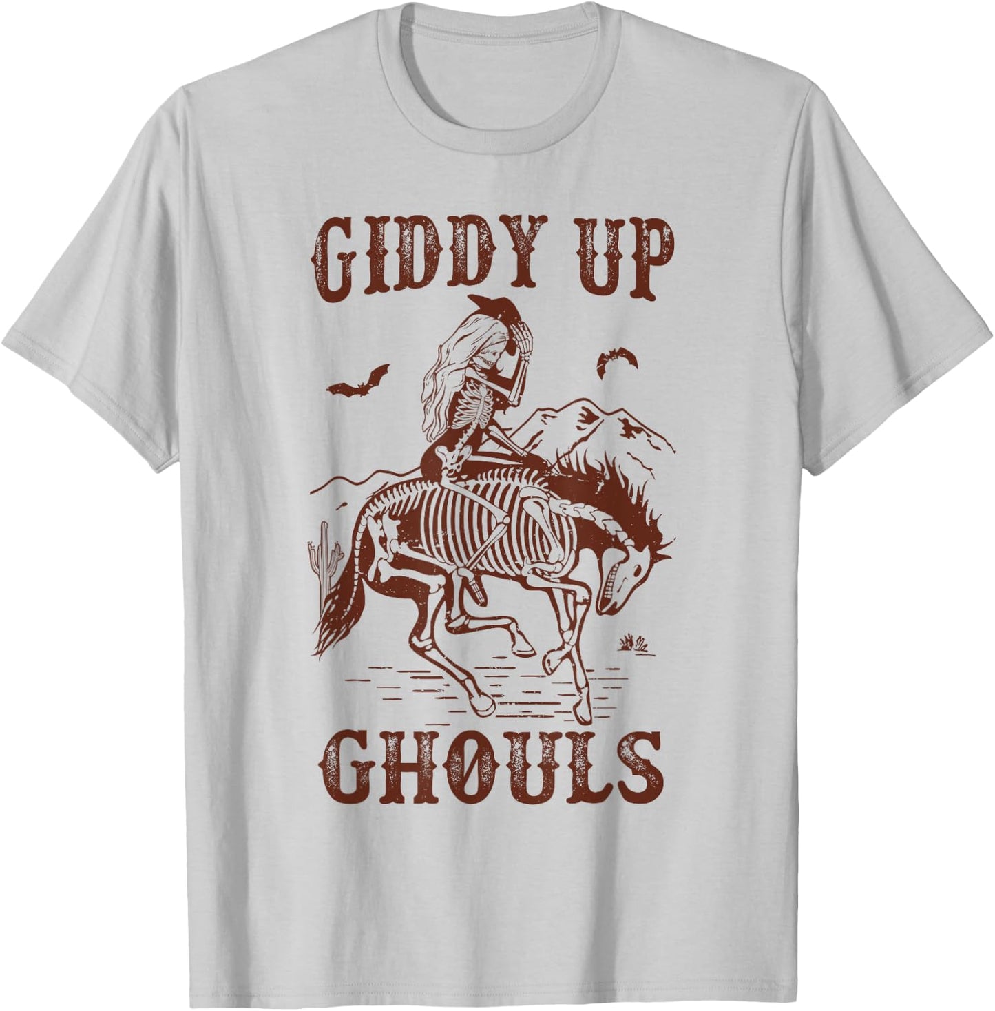 Giddy Up Ghouls Halloween Western Cowgirl Cowboy Skeleton T-Shirt - T-Shirt | Ash