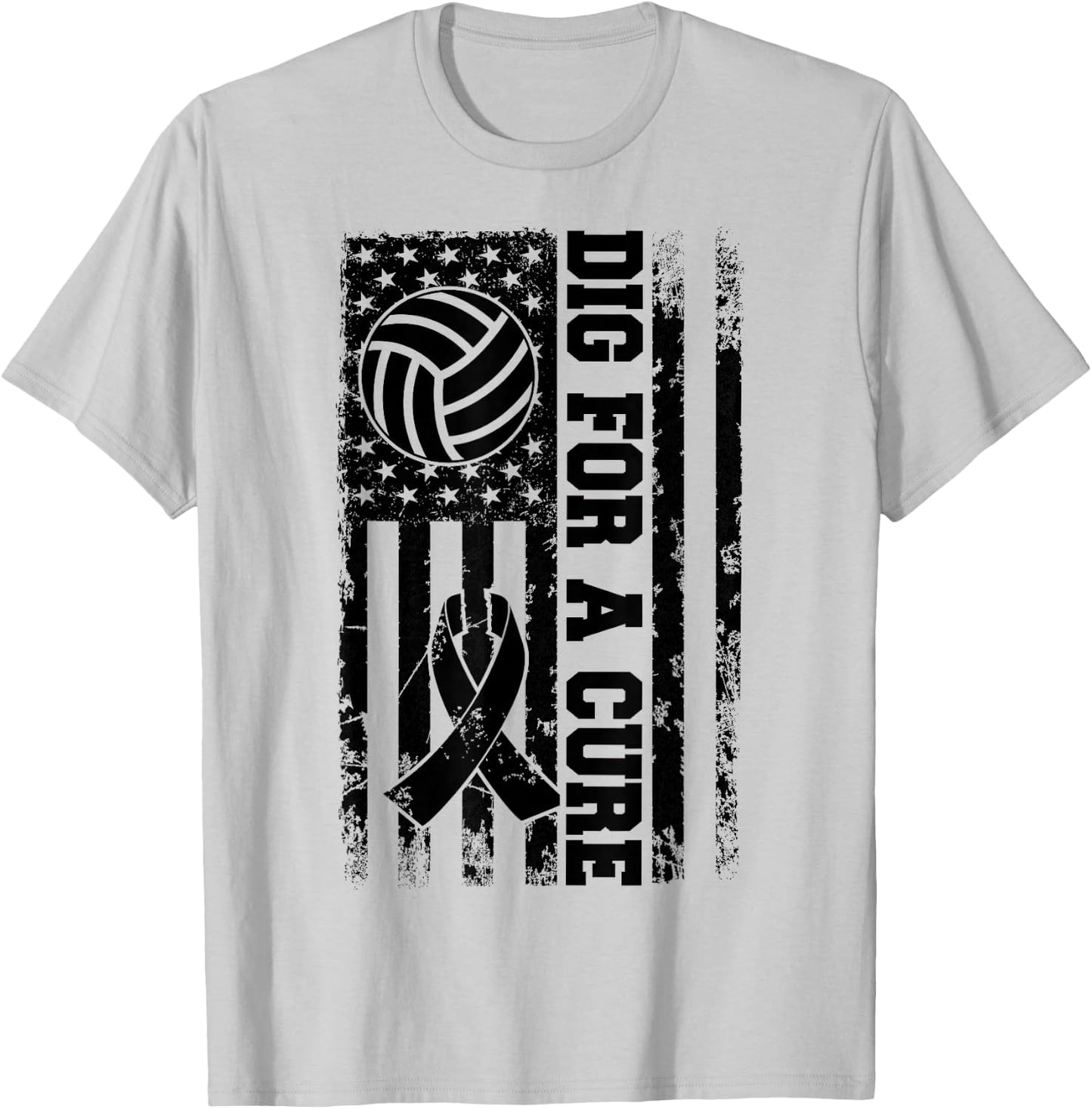 Dig For A Cure Breast Cancer Volleyball Pink American Flag T-Shirt - T-Shirt | Ash