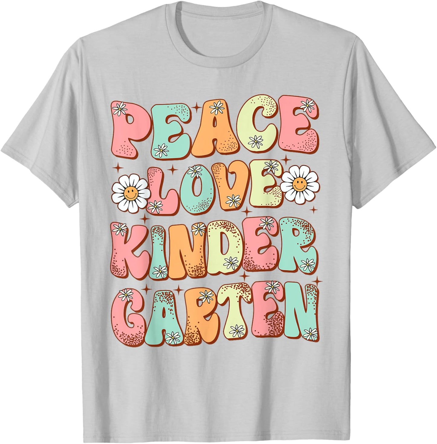Peace Love Kindergarten Groovy First Day of Kindergarten T-Shirt - T-Shirt | Ash