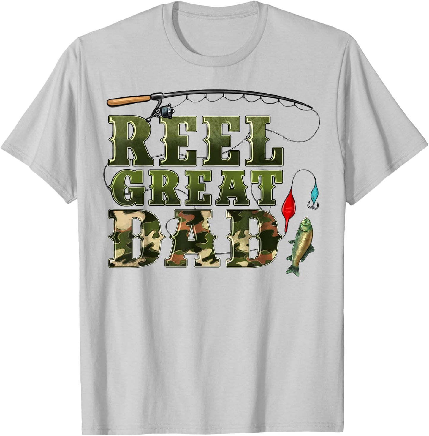 Camouflage Reel Great Dad Fishing Happy Fathers Day T-Shirt - T-Shirt | Ash