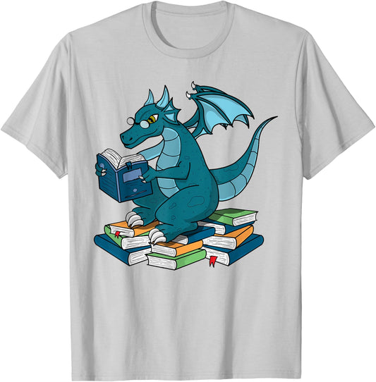 Whimsical Dragon Reading Books Nerd Fantasy Readers T-Shirt - T-Shirt | Ash