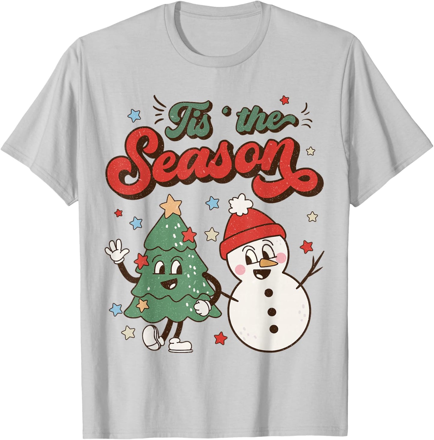 Vintage Christmas Tis The Season Christmas Tree Snowman T-Shirt - T-Shirt | Ash