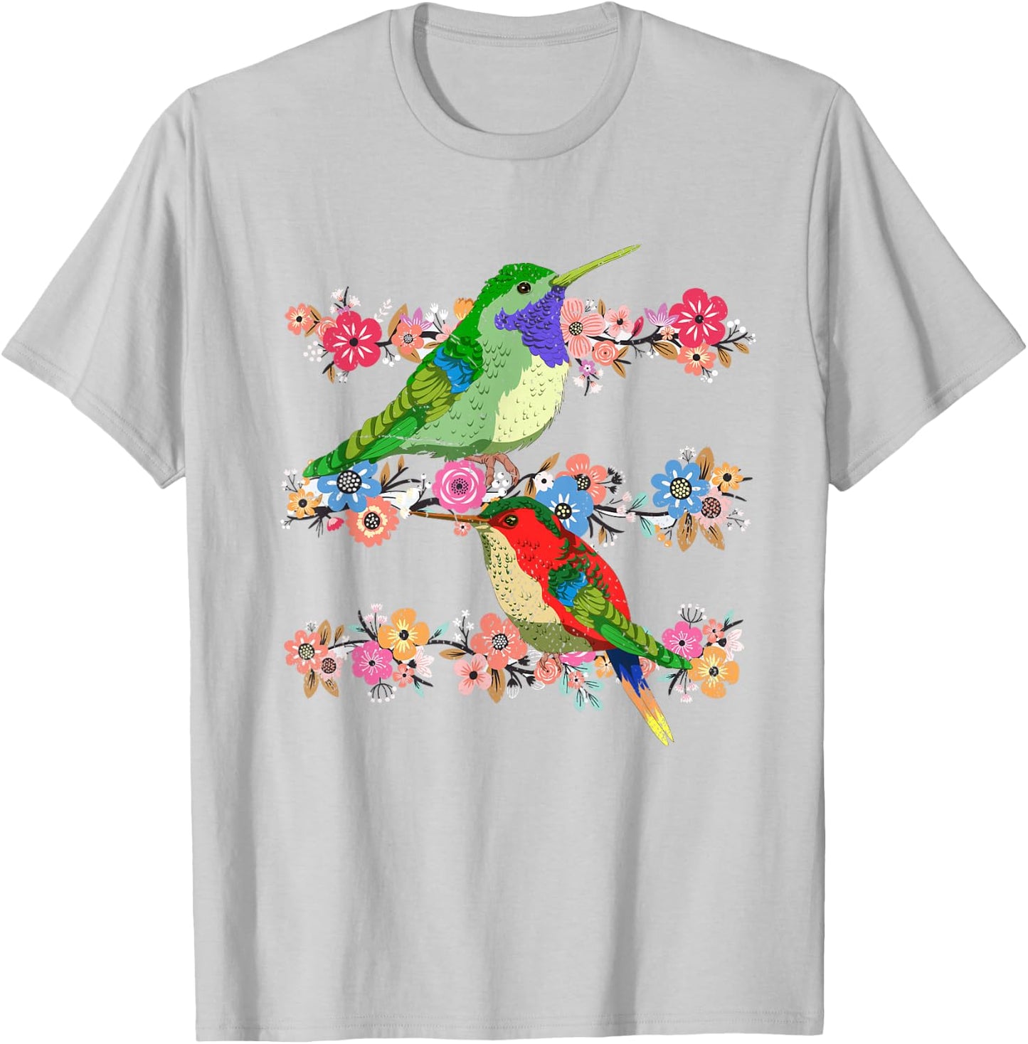 Animal Lover Flowers Pretty Bird Floral Vintage Hummingbird T-Shirt - T-Shirt | Ash