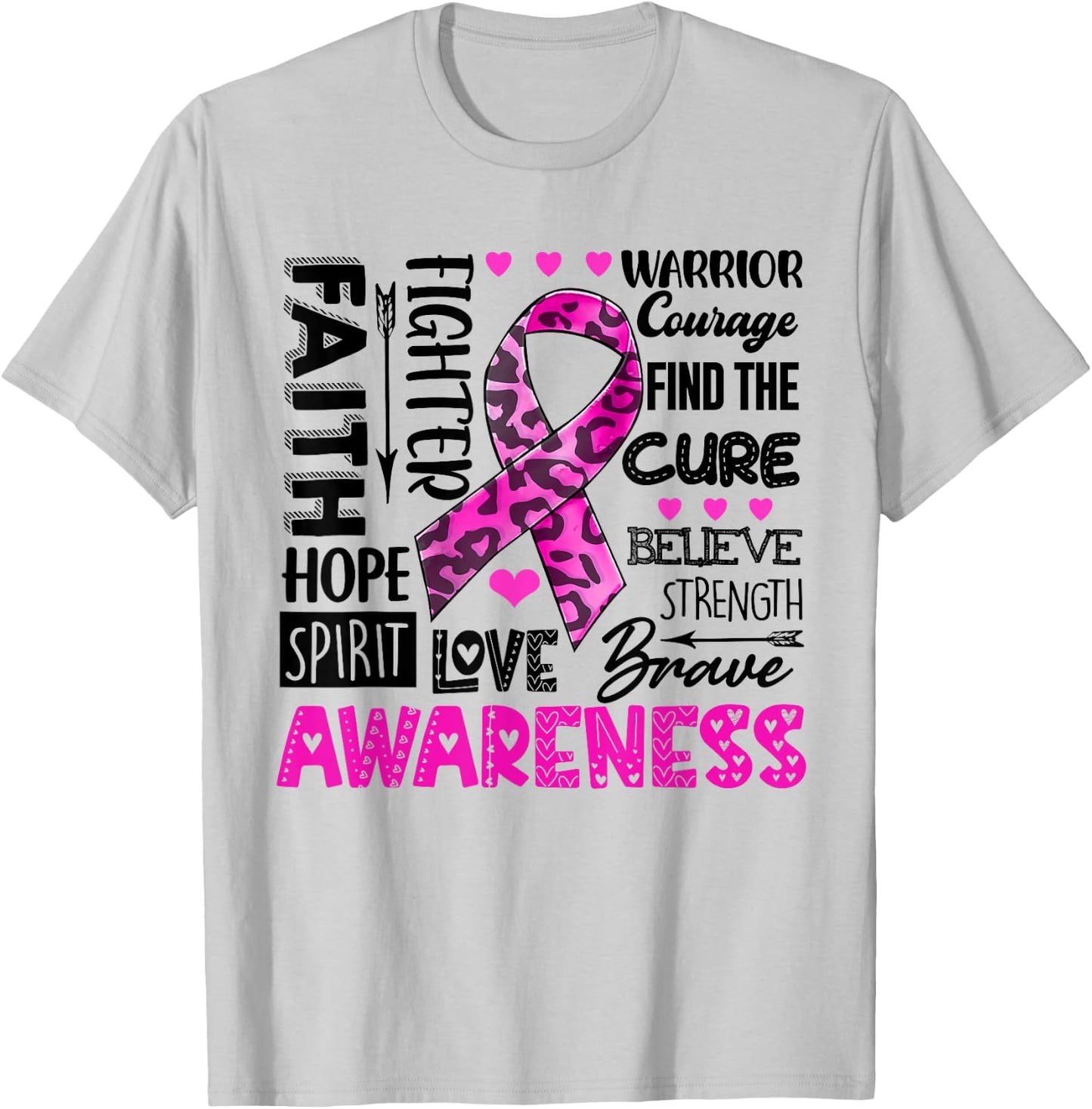 Breast Cancer Awareness Survivor Warrior Leopard Pink Ribbon T-Shirt - T-Shirt | Ash