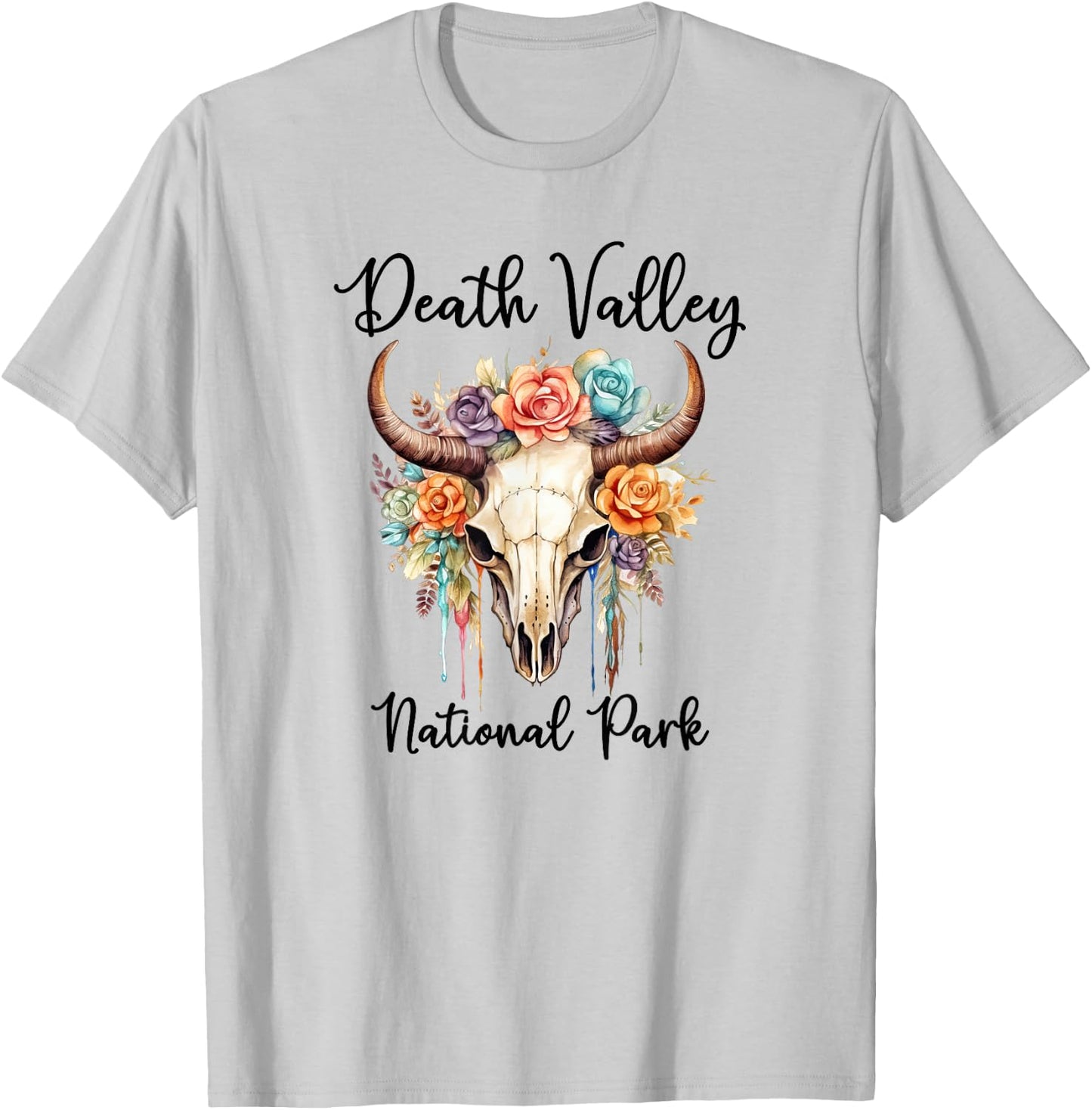 DEATH VALLEY NATIONAL PARK Skull with Colorful Flowers T-Shirt - T-Shirt | Ash