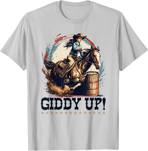 Barrel Racing Rodeo Cowgirl, Giddy Up, Barrel Racer T-Shirt - T-Shirt | Ash
