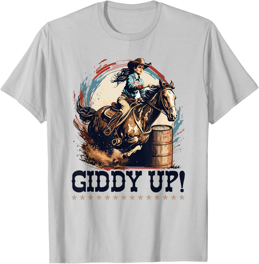 Barrel Racing Rodeo Cowgirl, Giddy Up, Barrel Racer T-Shirt - T-Shirt | Ash