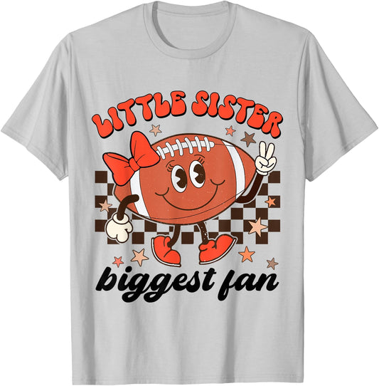 Little Sister Biggest Fan Football Groovy Game Day Girls Kid T-Shirt - T-Shirt | Ash