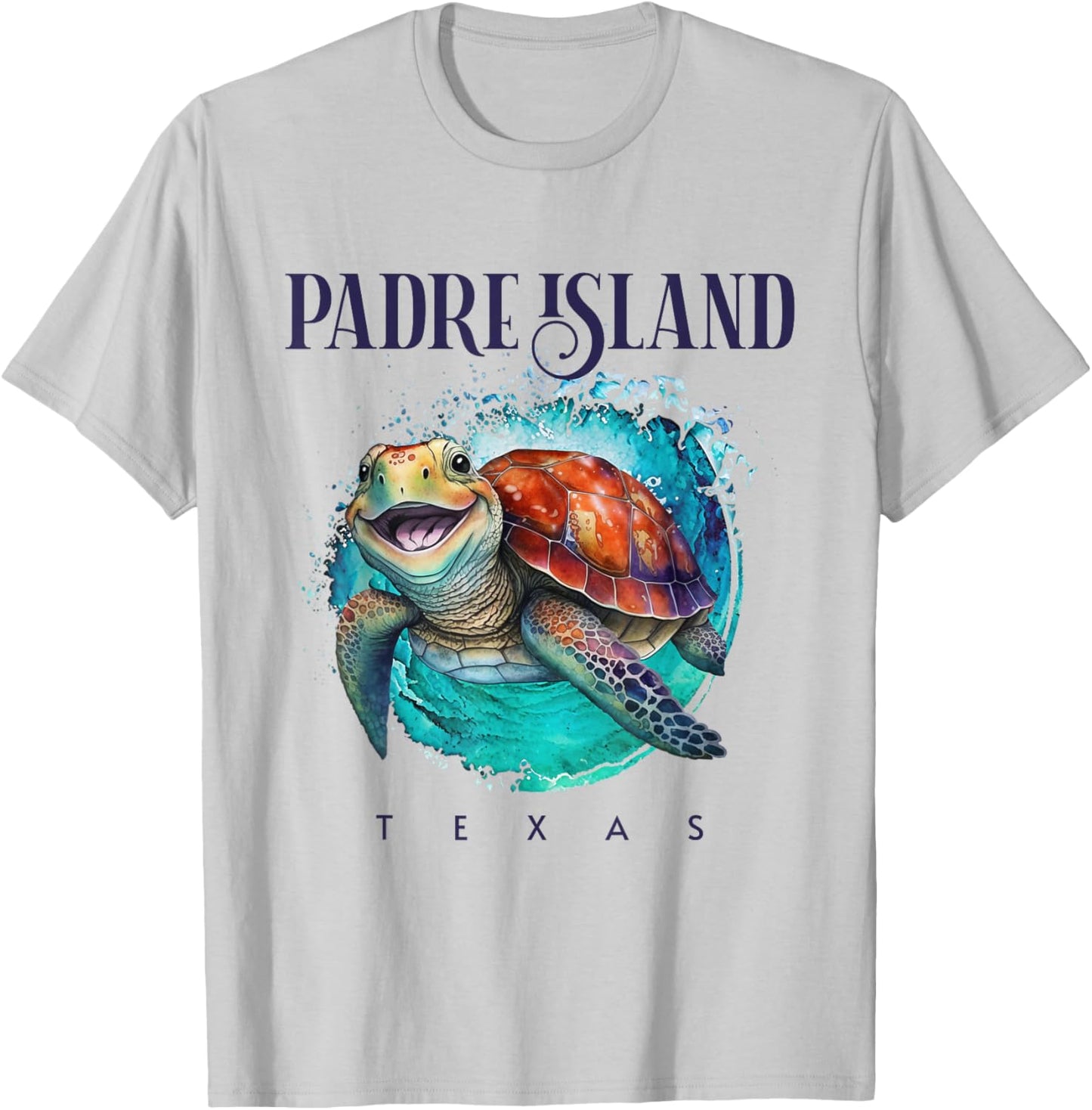 Padre Island Texas Watercolor Happy Sea Turtle T-Shirt - T-Shirt | Ash