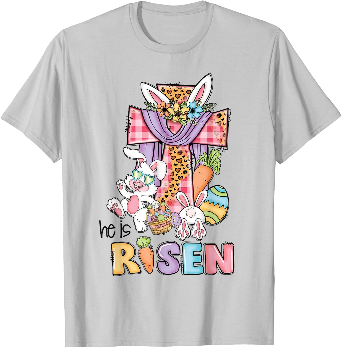 He is Risen Floral Cross Vintage Happy Easter Day T-Shirt - T-Shirt | Ash