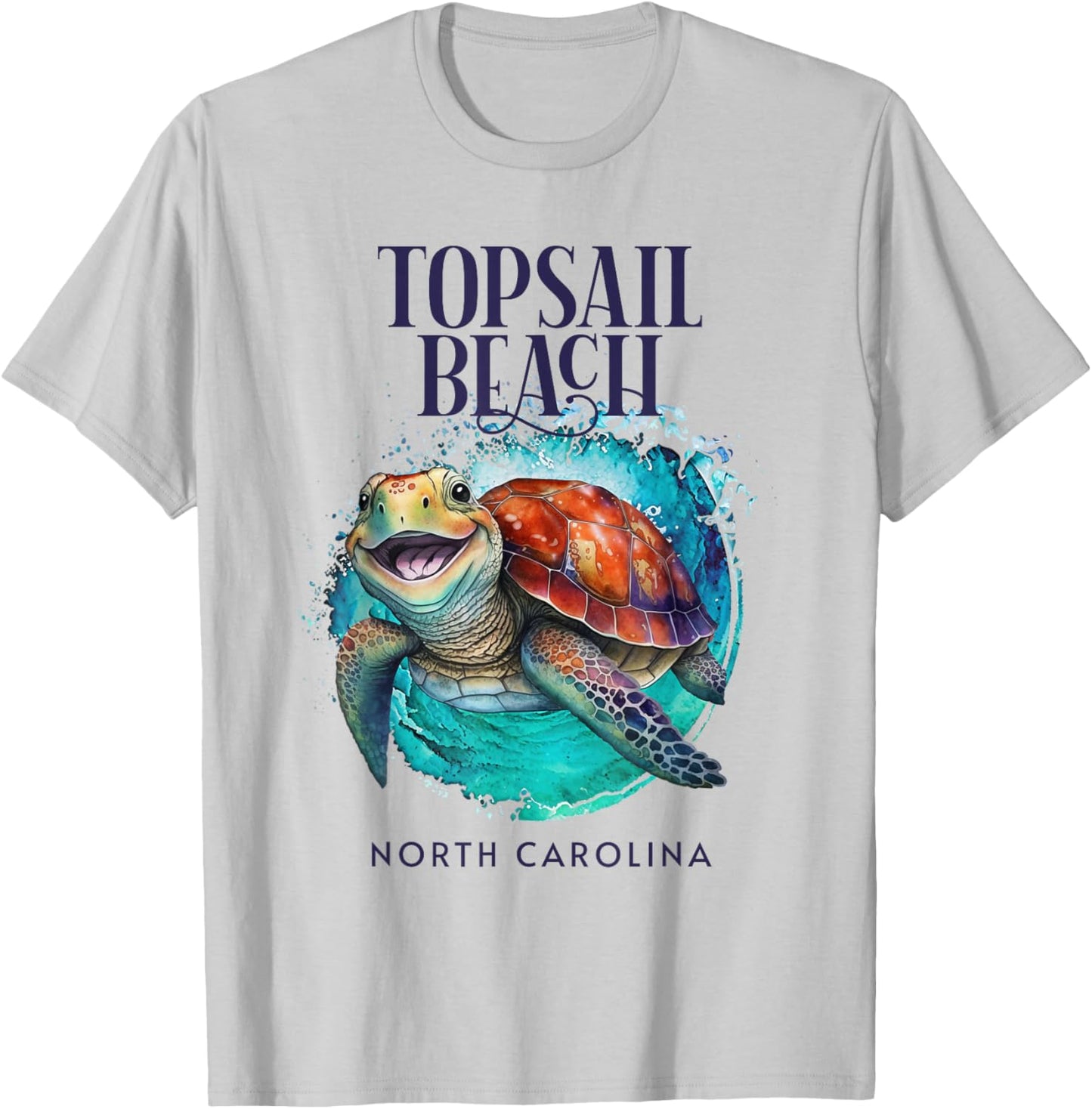 Topsail Beach North Carolina Watercolor Happy Sea Turtle Men Women Kids T-Shirt - T-Shirt | Ash