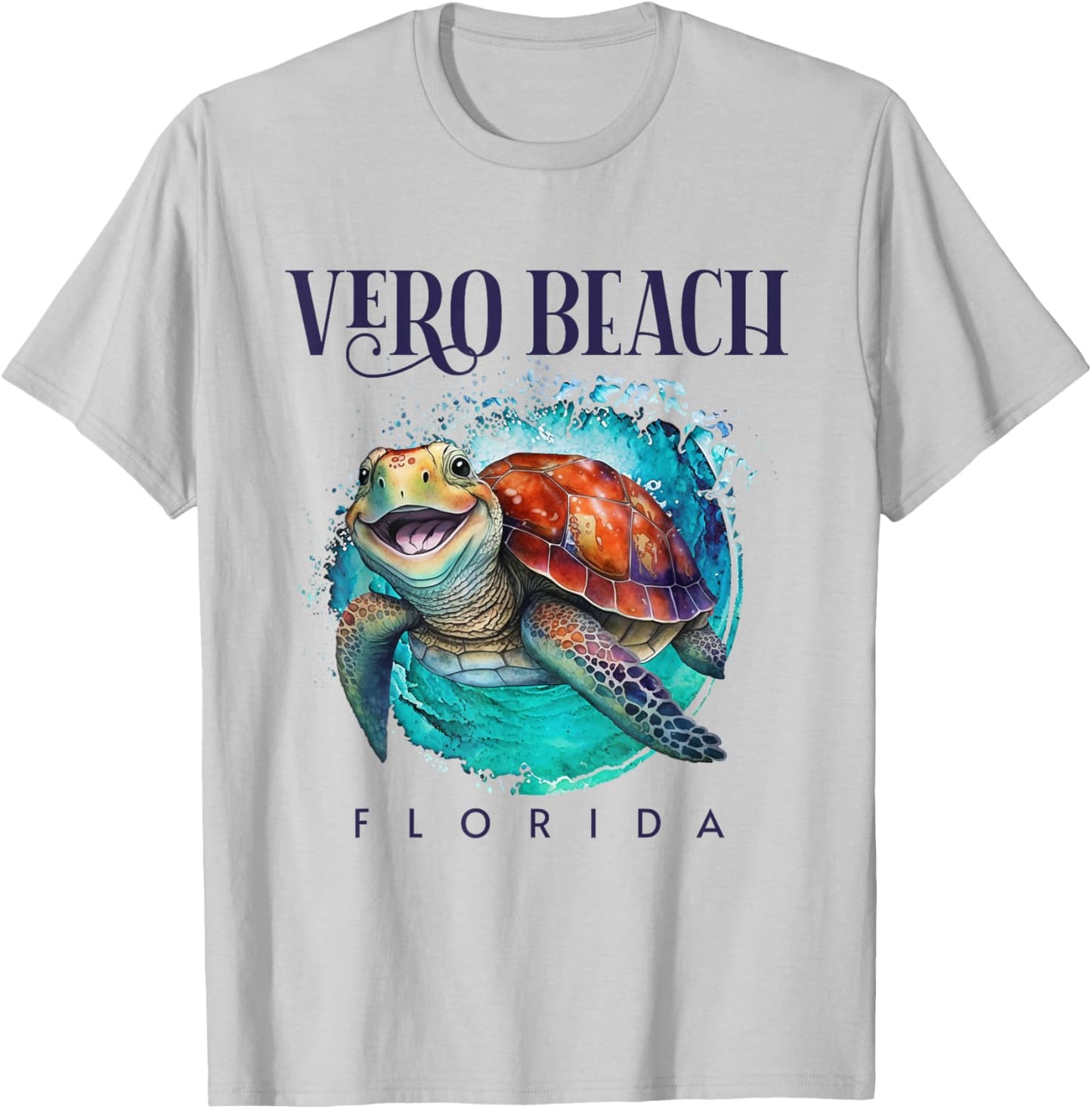 Vero Beach Florida Watercolor Happy Sea Turtle T-Shirt - T-Shirt | Ash