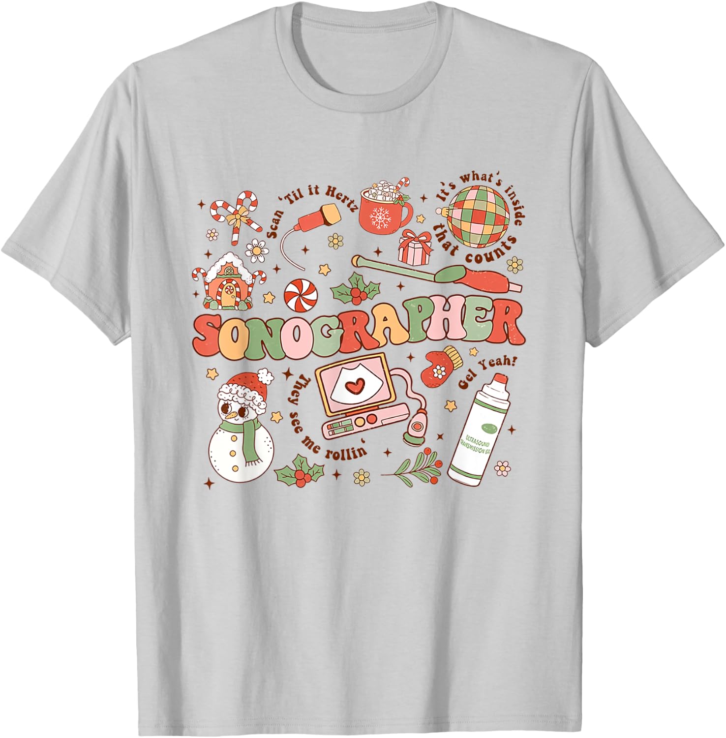 Women Retro Christmas Sonographer Ultrasound Technologist T-Shirt - T-Shirt | Ash
