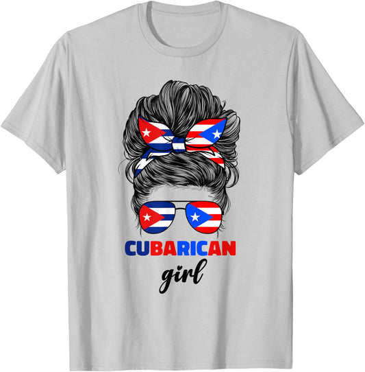 Half Cuban And Puerto Rican Rico Cuba Flag Cubarican Girl T-Shirt - T-Shirt | Ash