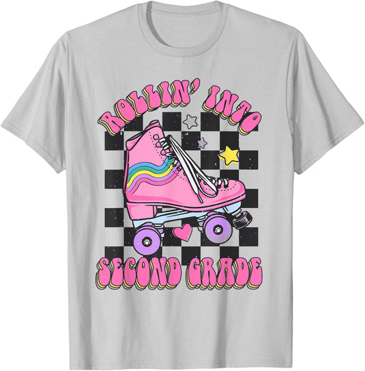 Kids Back To School Skating Rollin Into Second 2nd Grade T-Shirt - T-Shirt | Ash