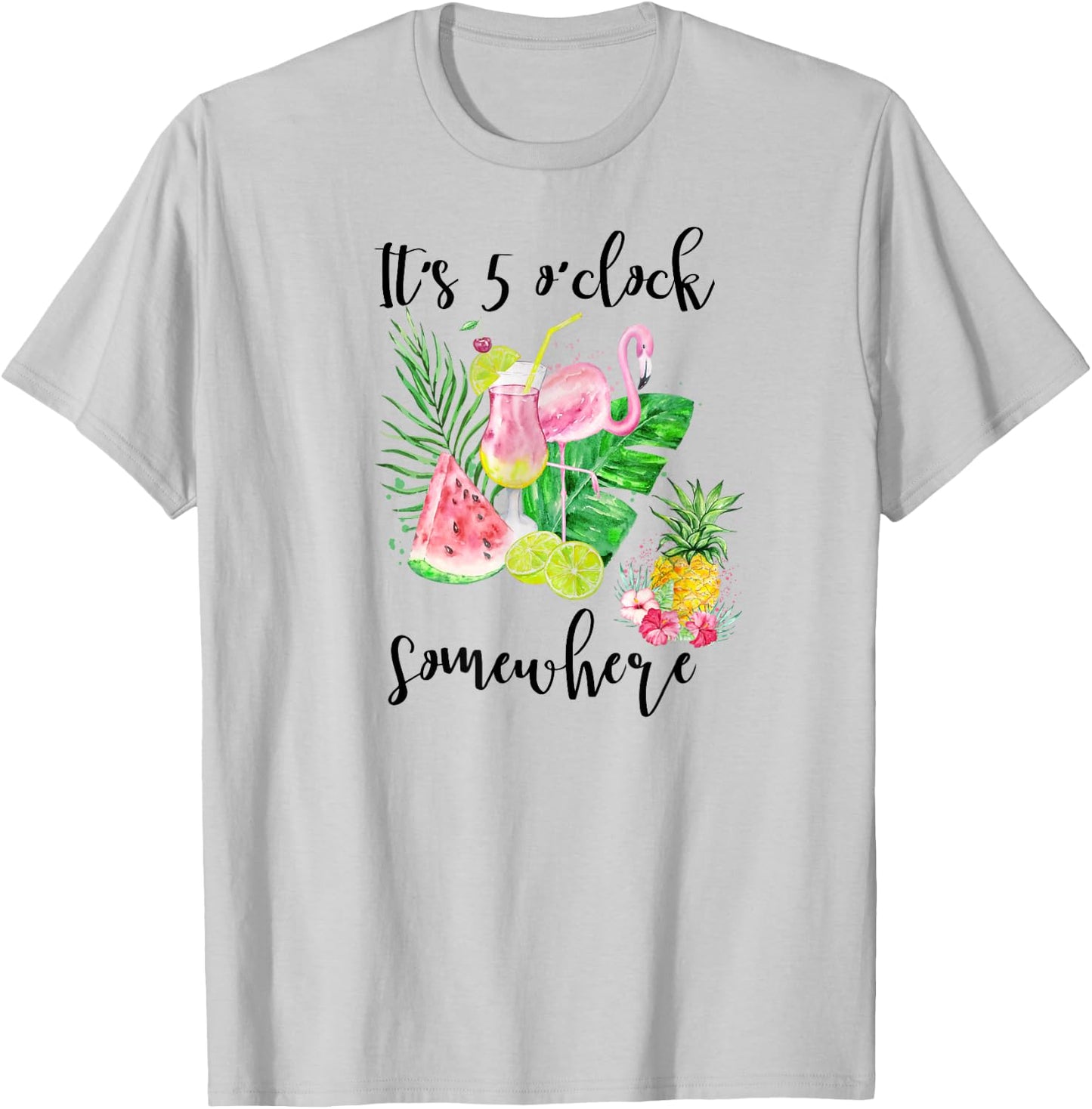 It's 5 Oclock Somewhere Funny Flamingo Drinking a Margarita T-Shirt - T-Shirt | Ash