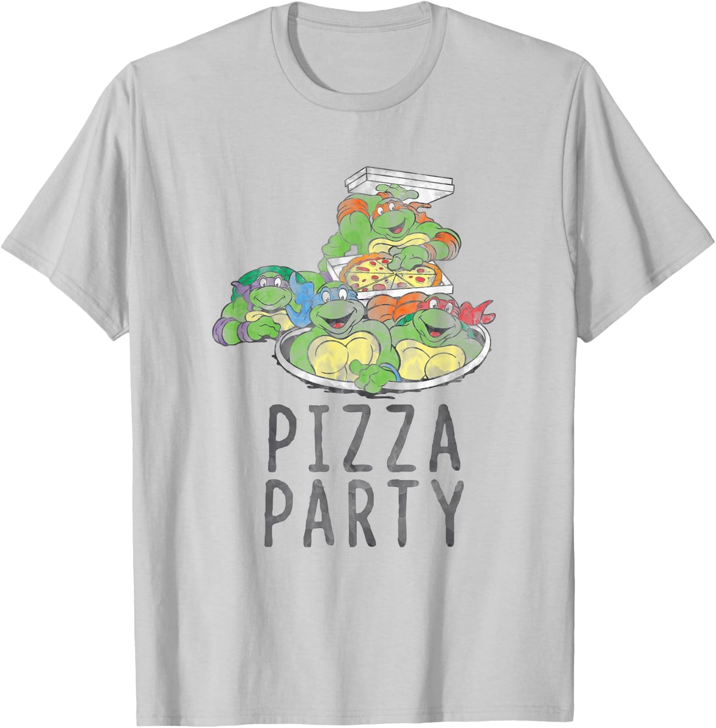Teenage Mutant Ninja Turtles Vintage Pizza Party Group T-Shirt - T-Shirt | Ash