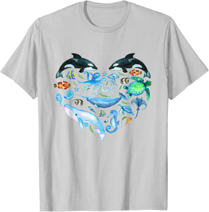 Watercolor Sea Animals Kids Ocean Wildlife Marine Creatures T-Shirt - T-Shirt | Ash