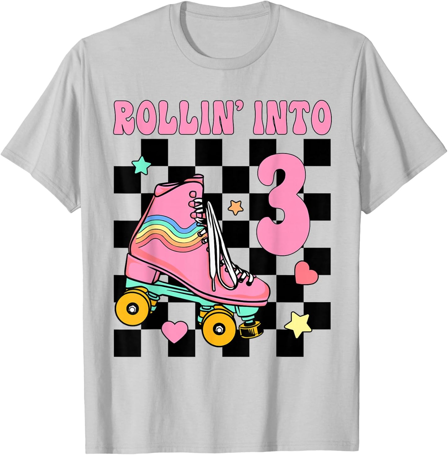 Rolling Into 3 Years Old Roller Skating Girl 3rd Birthday T-Shirt - T-Shirt | Ash
