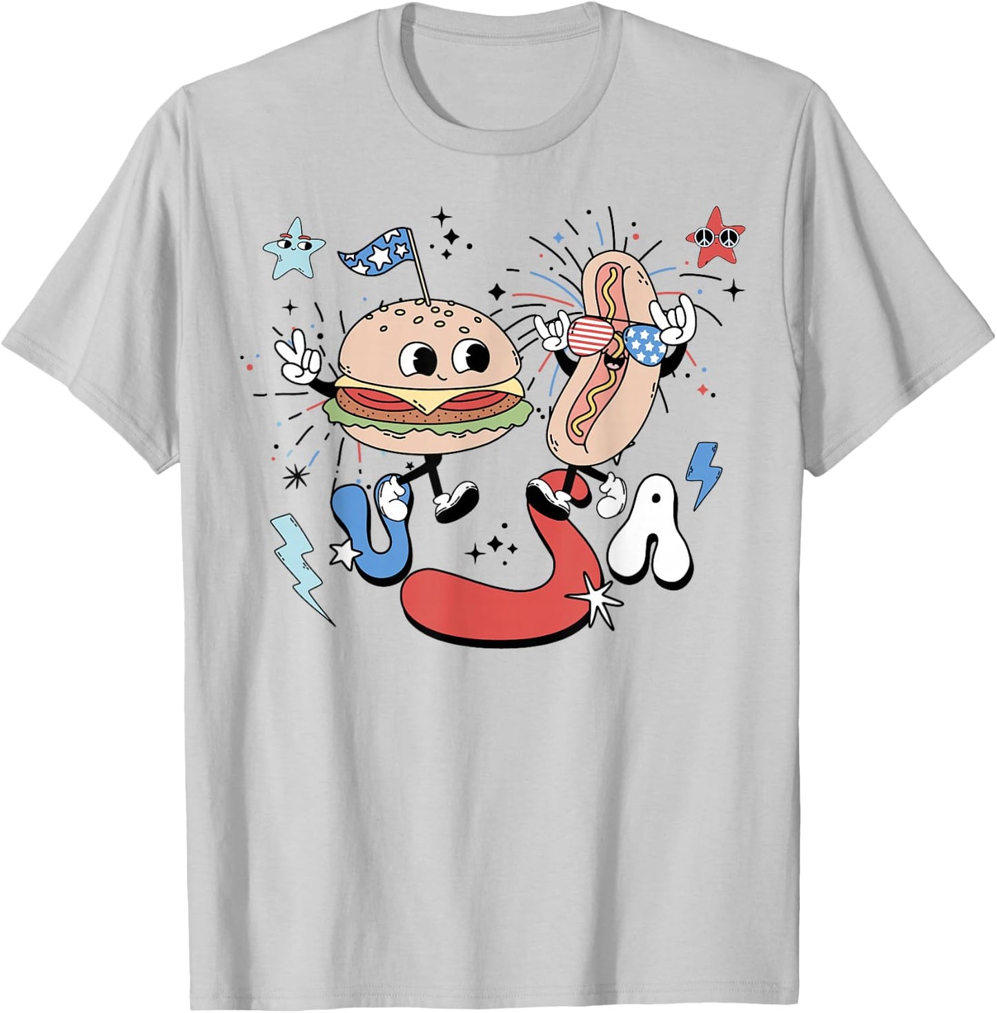 Retro USA Groovy 4th Of July Funny Hot Dog Hamburger US Flag T-Shirt - T-Shirt | Ash