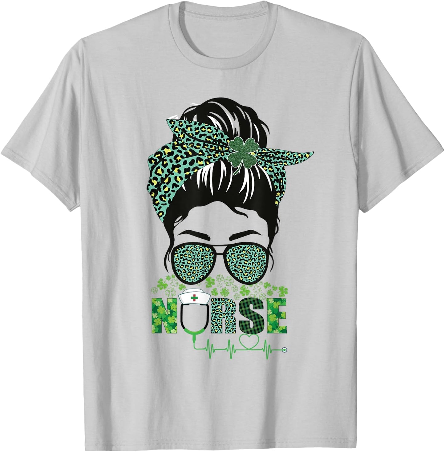 Irish Nurse Shamrock St Patrick's Day Nurse Messy Bun T-Shirt - T-Shirt | Ash