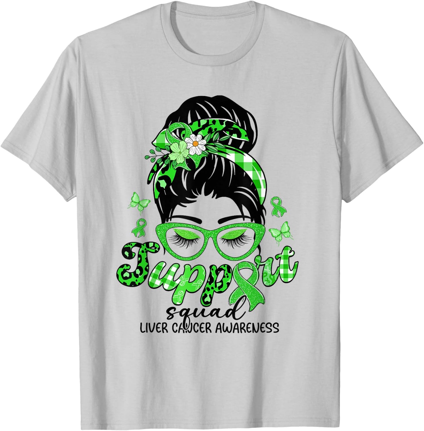 Support Squad Messy Bun Leopard Liver Cancer Awareness T-Shirt - T-Shirt | Ash