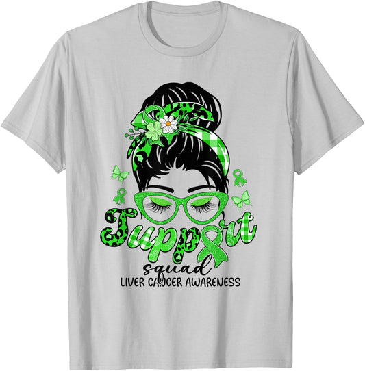 Support Squad Messy Bun Leopard Liver Cancer Awareness T-Shirt - T-Shirt | Ash