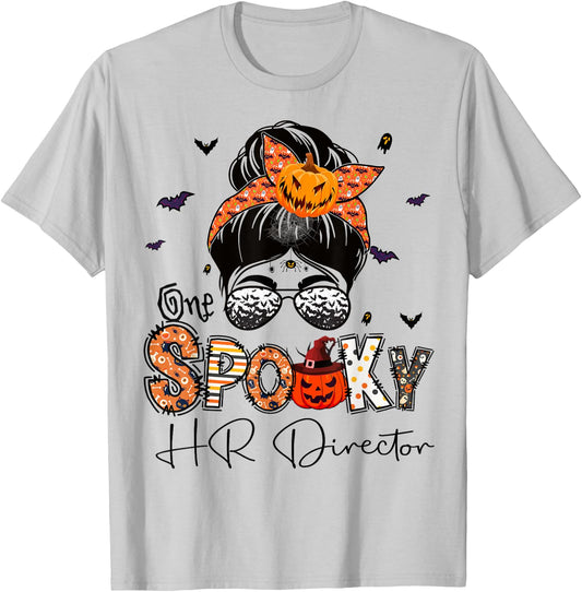 One Spooky HR Director Messy Bun Women Pumpkin Halloween T-Shirt - T-Shirt | Ash