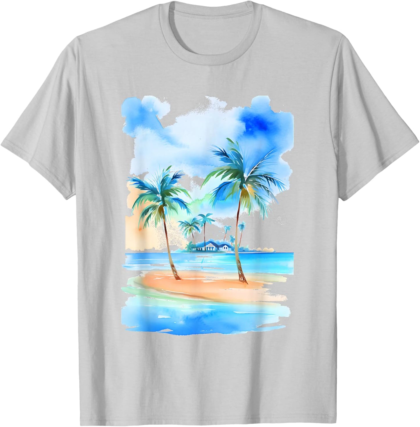 Palm Trees Tropical Beach Watercolor-Style Seascape T-Shirt - T-Shirt | Ash