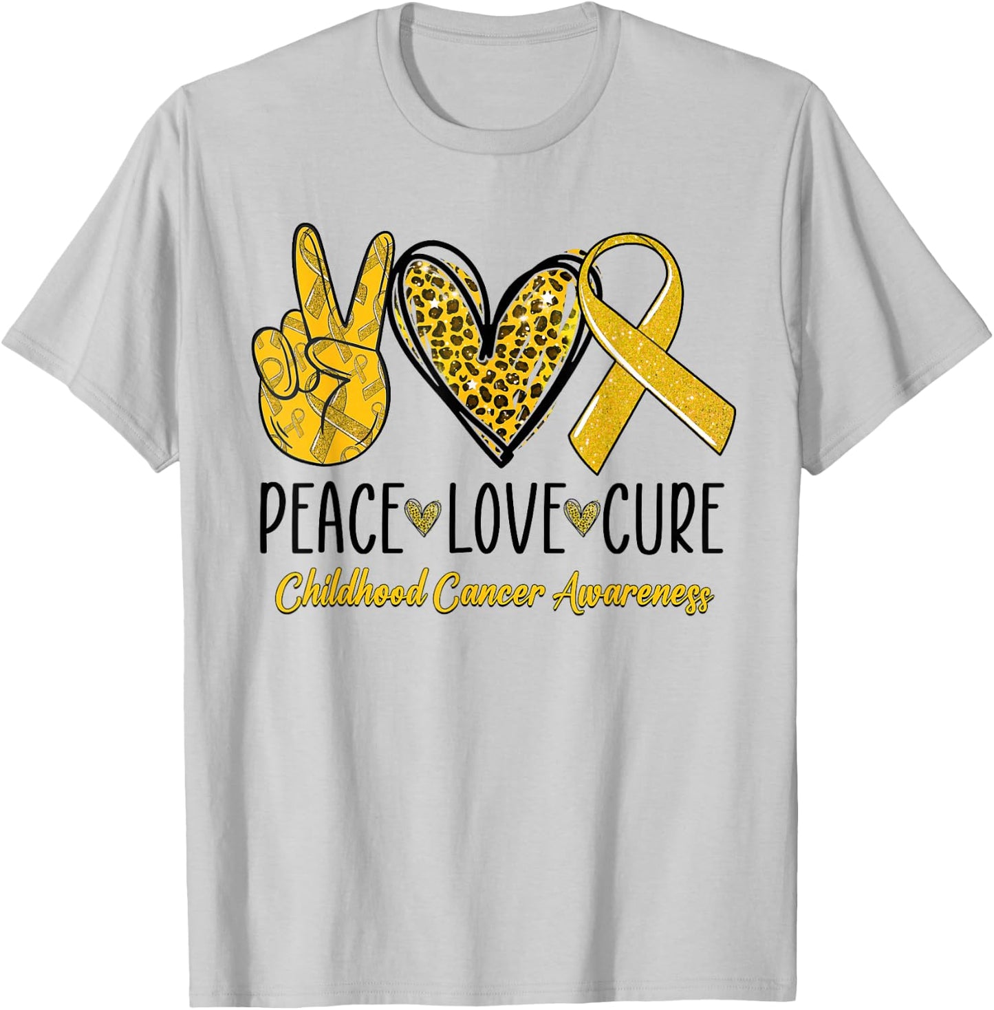 Peace Love Cure Childhood Cancer Awareness Gold Ribbon T-Shirt - T-Shirt | Ash