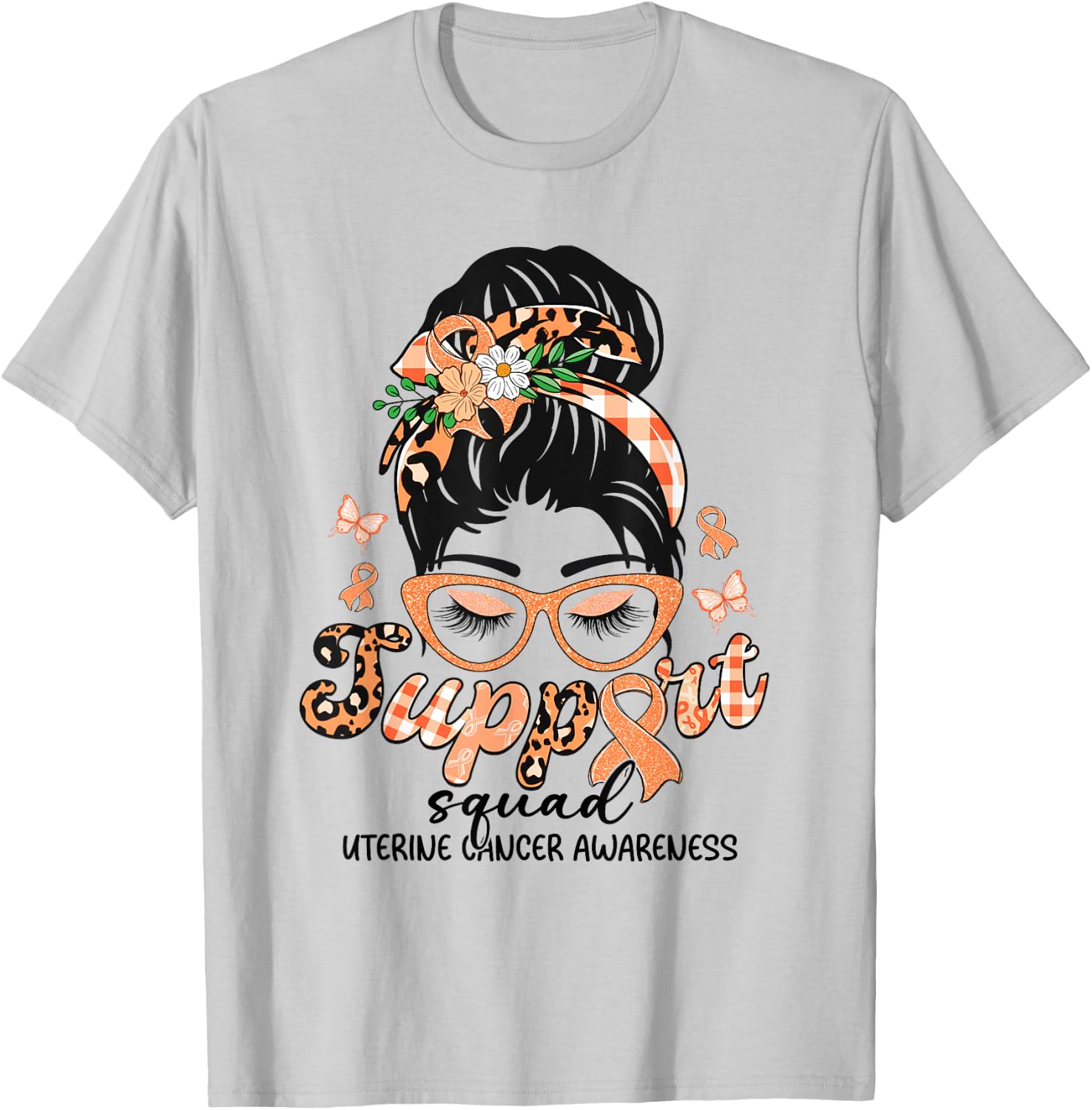 Support Squad Messy Bun Leopard Uterine Cancer Awareness T-Shirt - T-Shirt | Ash