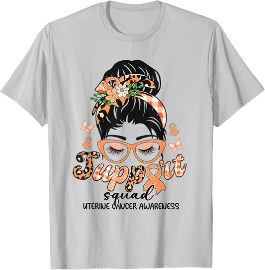 Support Squad Messy Bun Leopard Uterine Cancer Awareness T-Shirt - T-Shirt | Ash