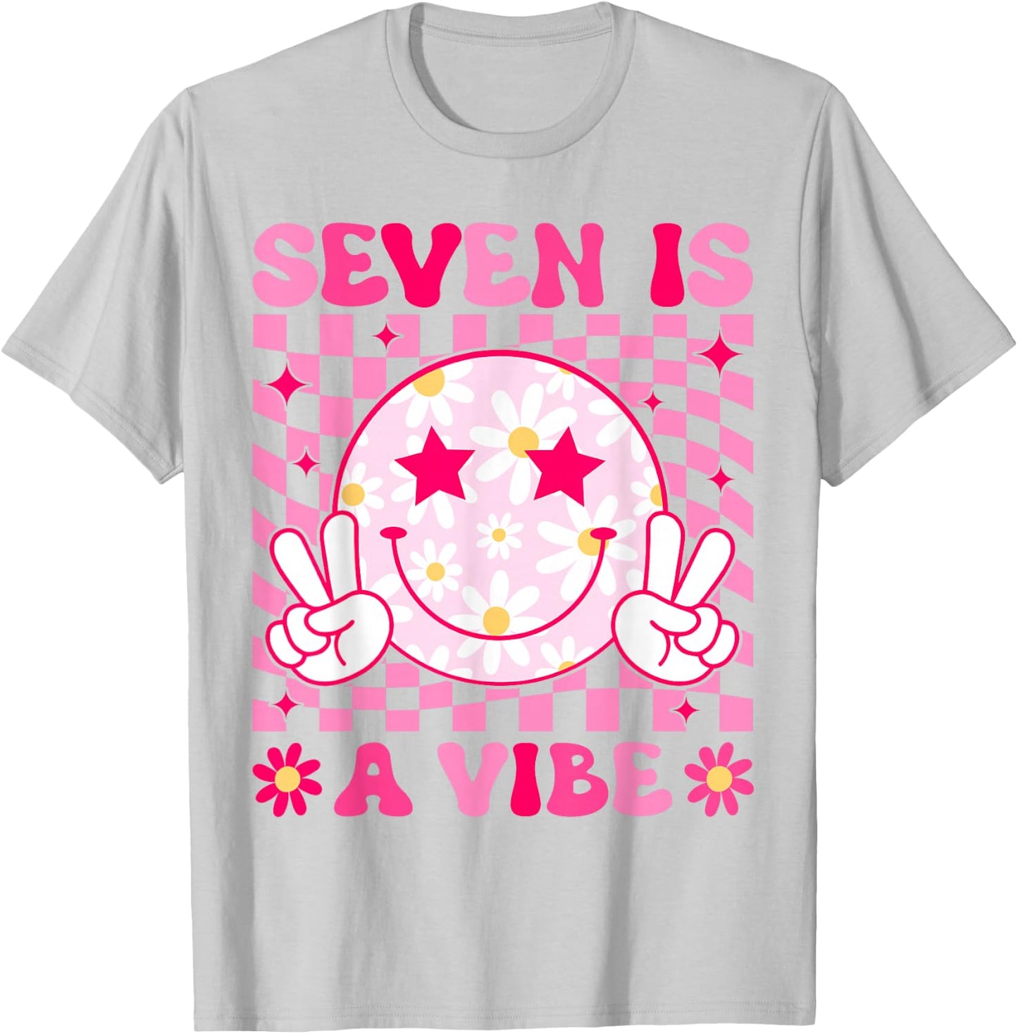 Seven Is A Vibe Birthday Groovy 7 Year Old Girl 7th Birthday T-Shirt - T-Shirt | Ash