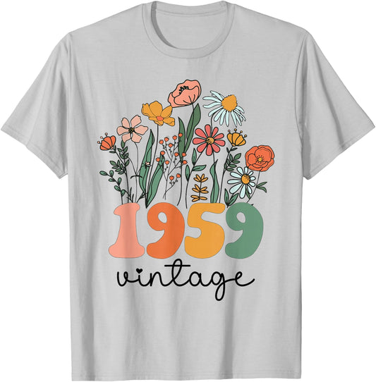 66 Years Old Vintage 1959 66th Women Birthday Wildflower T-Shirt - T-Shirt | Ash