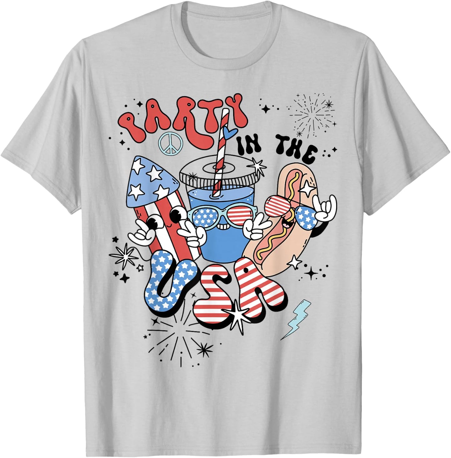 Retro Party in The USA Flag Groovy 4th of July Patriotic T-Shirt - T-Shirt | Ash