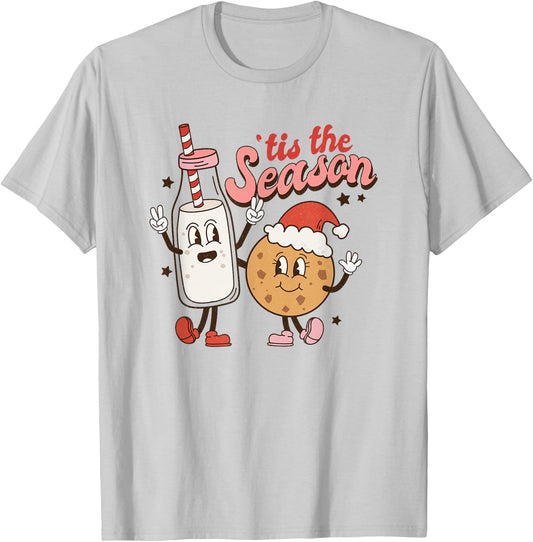 Tis The Season Retro Milk and Cookie Christmas T-Shirt - T-Shirt | Ash