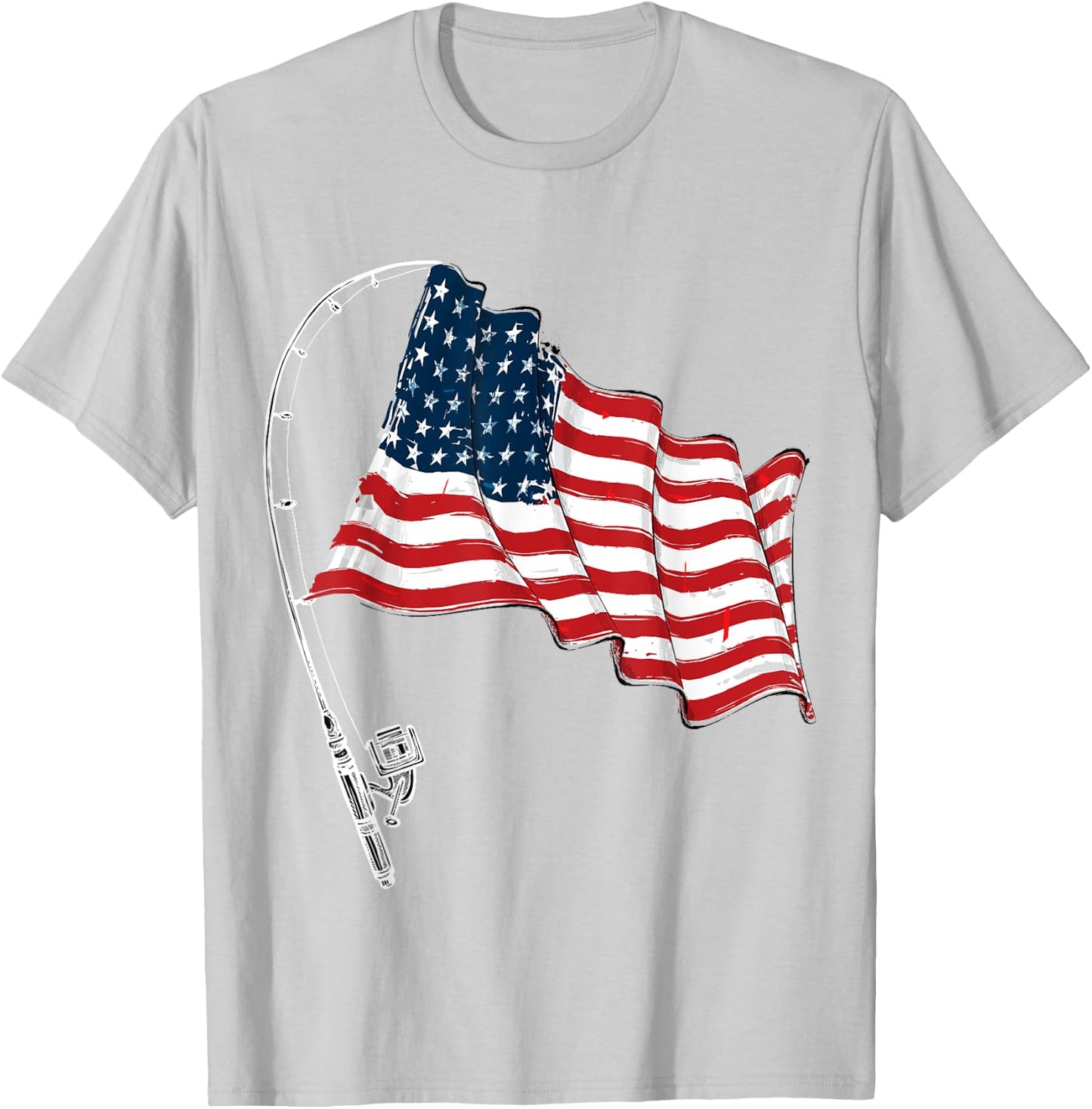 Fishing Rod American Flag Fisherman Patriotic 4th Of July T-Shirt - T-Shirt | Ash