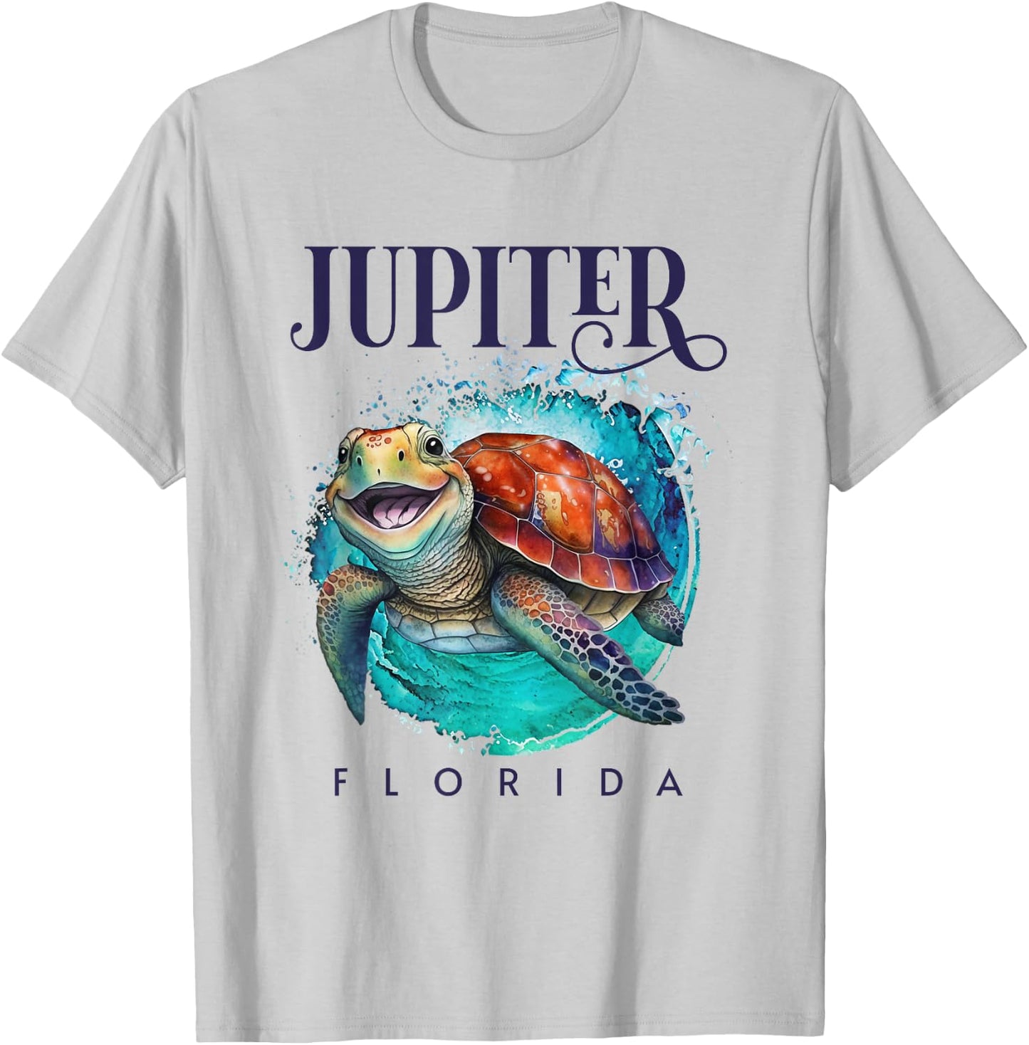 Jupiter Florida Watercolor Happy Sea Turtle T-Shirt - T-Shirt | Ash