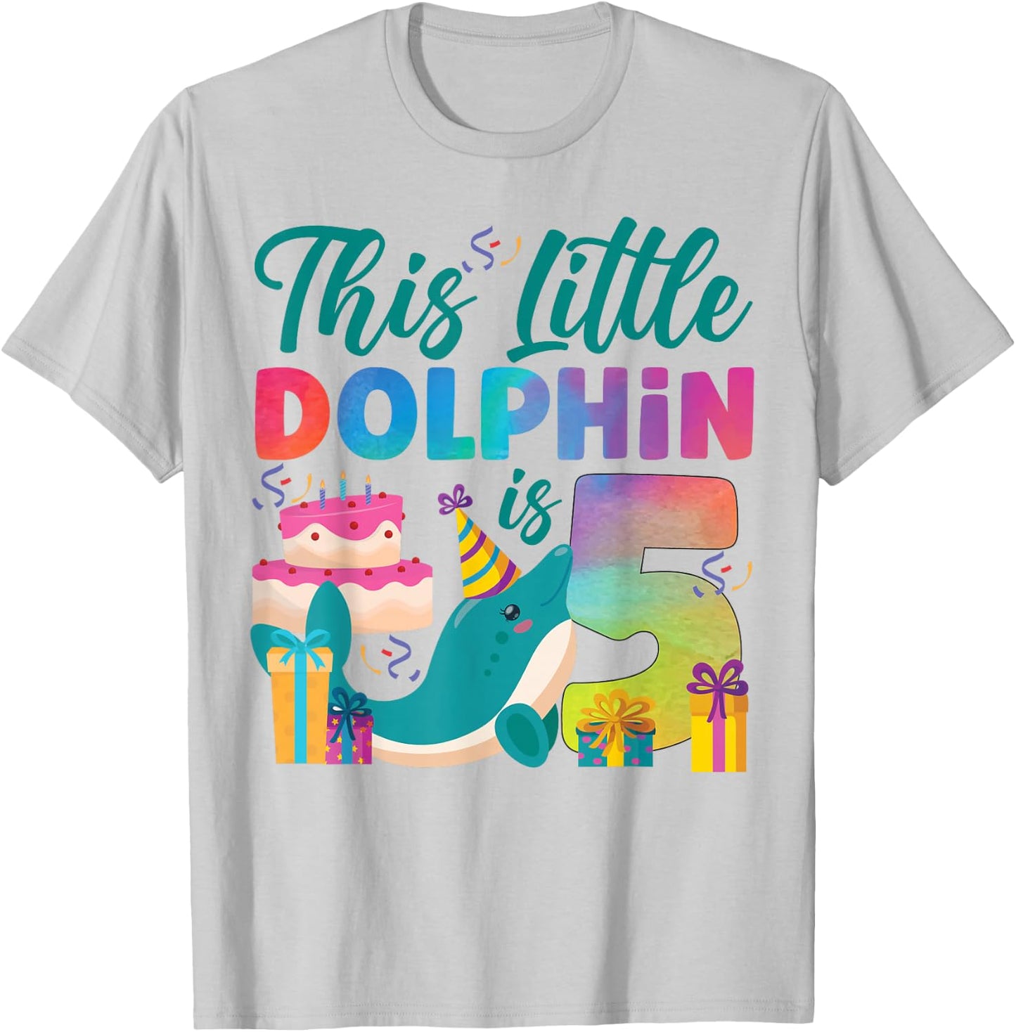 Dolphin 5th Birthday Watercolor This Little Dolphin Is 5 T-Shirt - T-Shirt | Ash