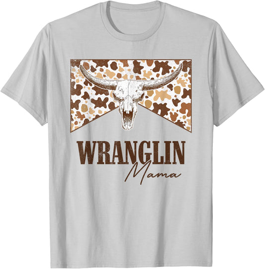 Wranglin Mama Leopard Bull Skull Western Country Music T-Shirt - T-Shirt | Ash