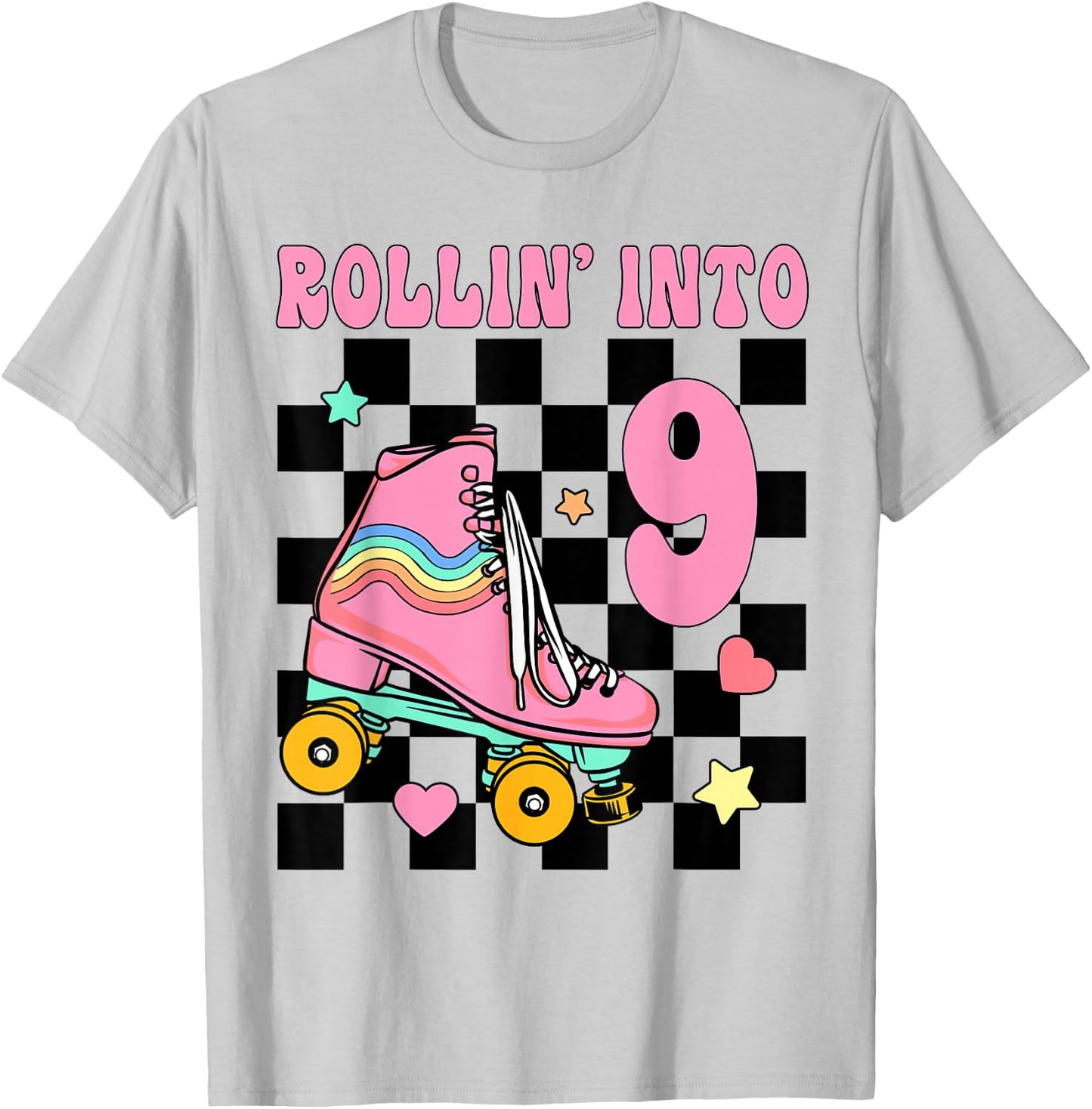 Rolling Into 9 Years Old Roller Skating Girl 9th Birthday T-Shirt - T-Shirt | Ash