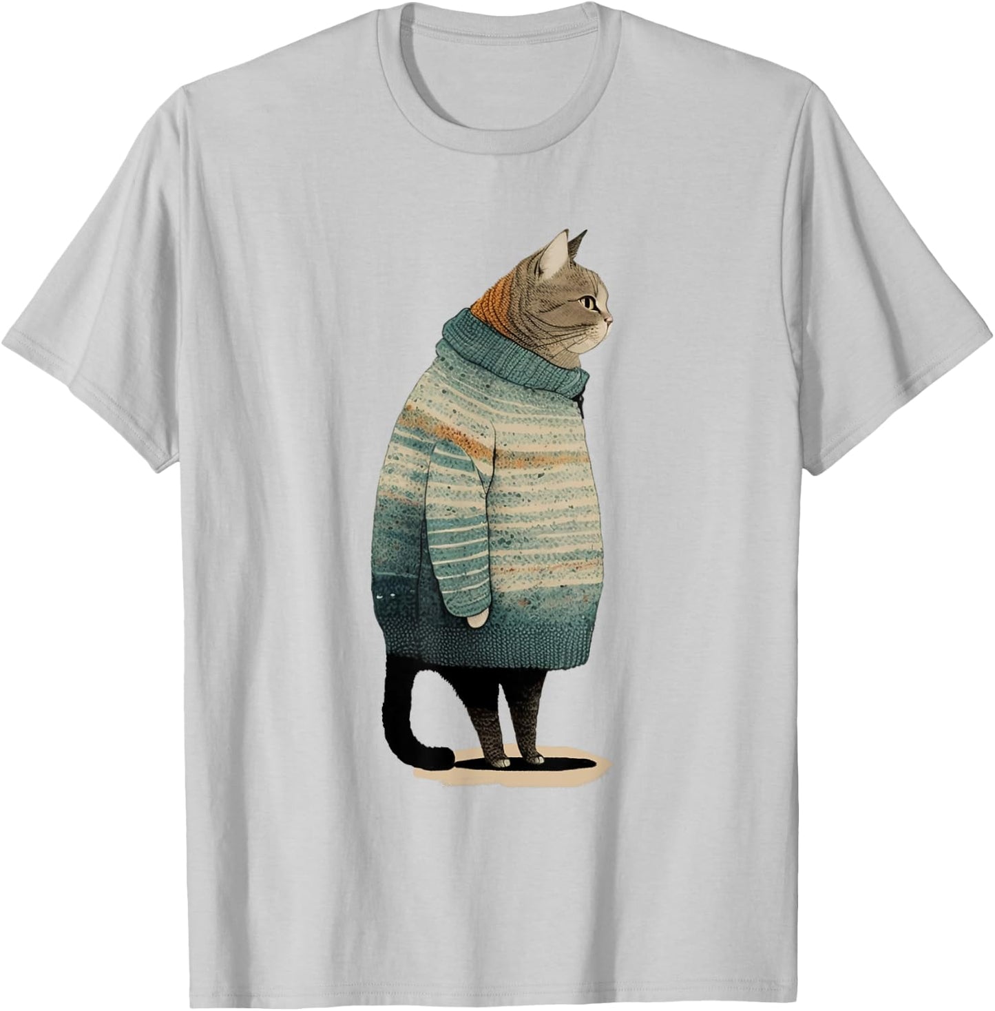 Cat Wearing a Sweater Funny Pet Fat Gray Cat Winter T-Shirt - T-Shirt | Ash