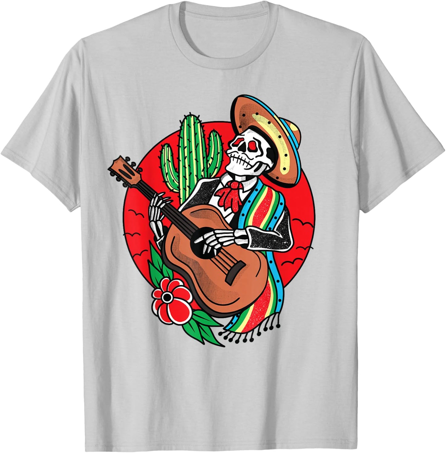 Mexican Skeleton Mariachi American Traditional Tattoo Flash T-Shirt - T-Shirt | Ash