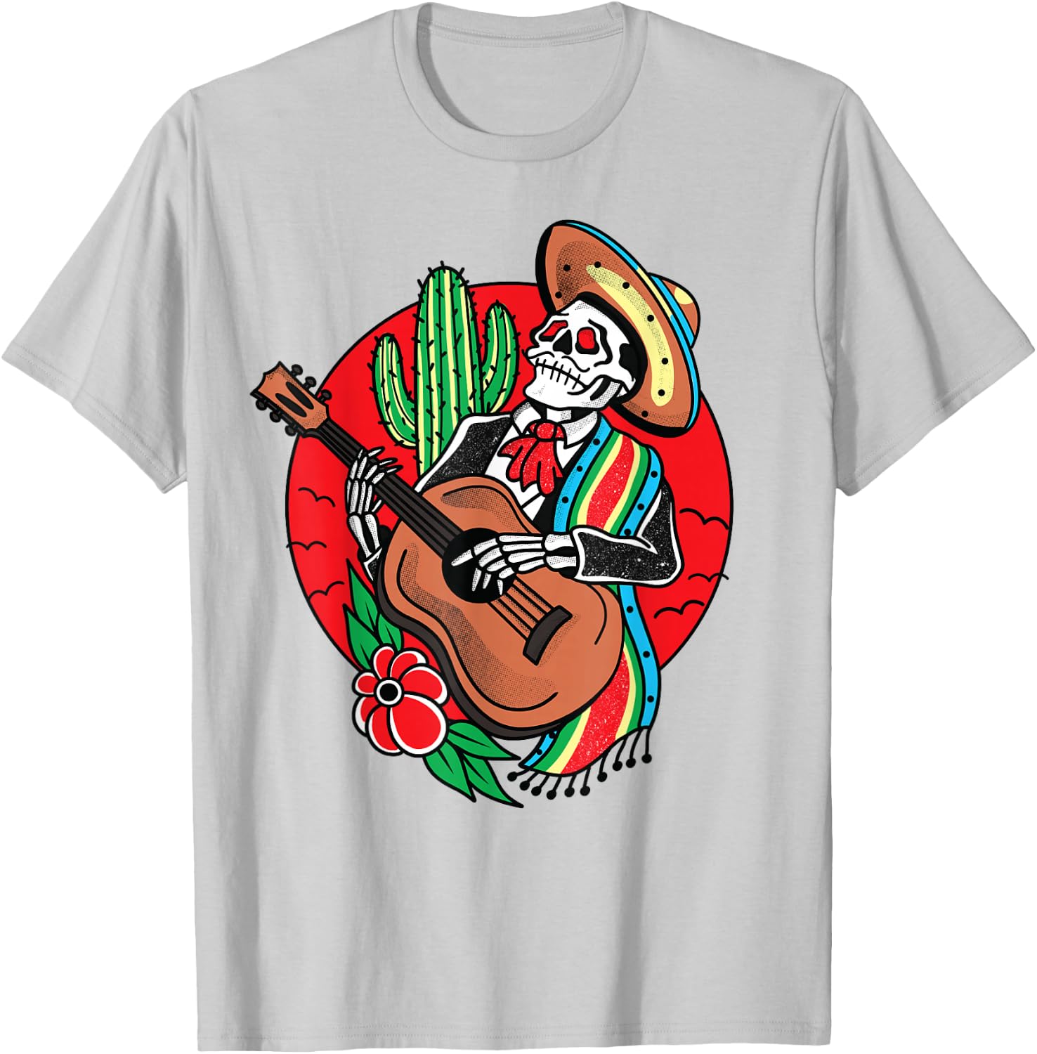 Mexican Skeleton Mariachi American Traditional Tattoo Flash T-Shirt - T-Shirt | Ash