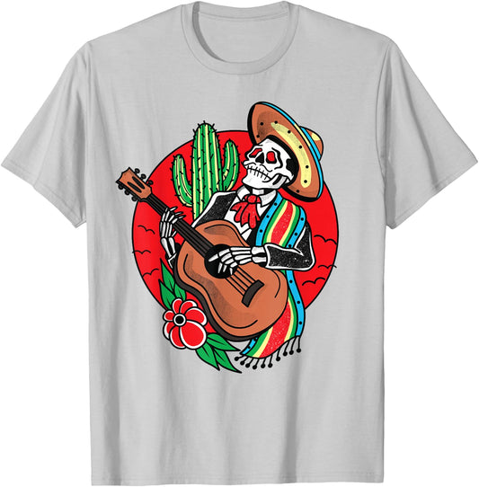 Mexican Skeleton Mariachi American Traditional Tattoo Flash T-Shirt - T-Shirt | Ash