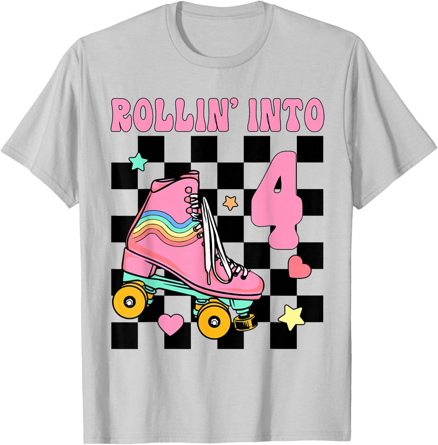 Rolling Into 4 Years Old Roller Skating Girl 4th Birthday T-Shirt - T-Shirt | Ash