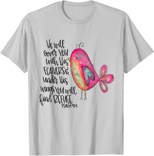 He Will Cover You With His Feathers Psalm 91:4 Christian T-Shirt - T-Shirt | Ash